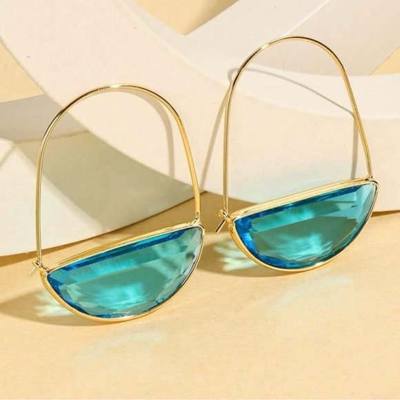 Gold and Blue Faceted Glass Hoop Earrings - Picture 2 of 5